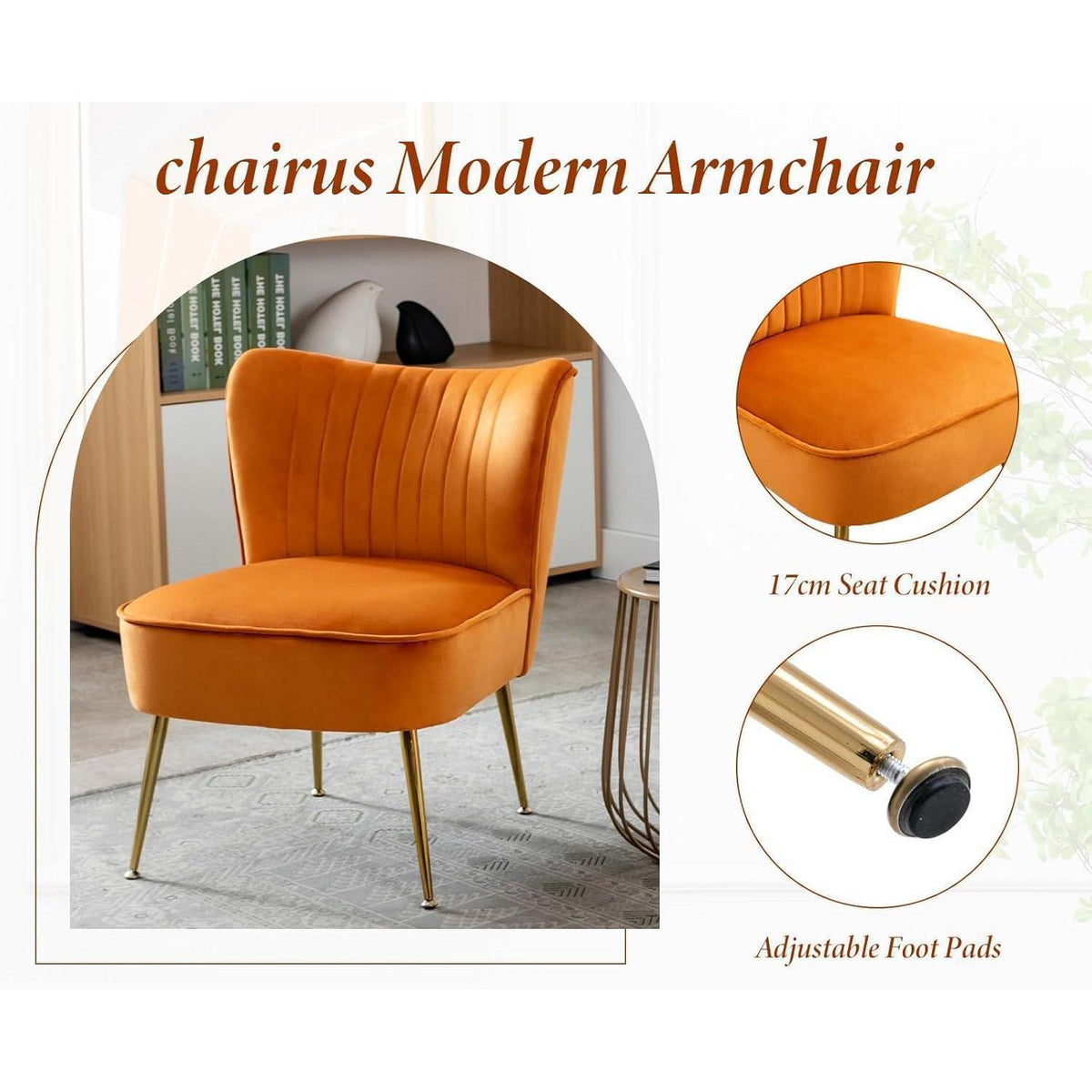 Samt Polsterstuhl Orange – Moderner Lesesessel mit Metallbeinen