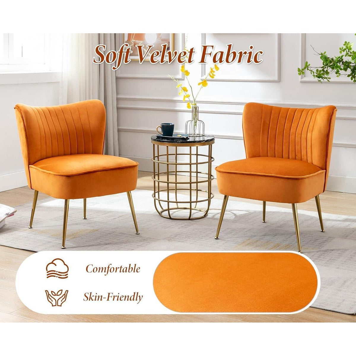 Samt Polsterstuhl mit Metallbeinen – Orange