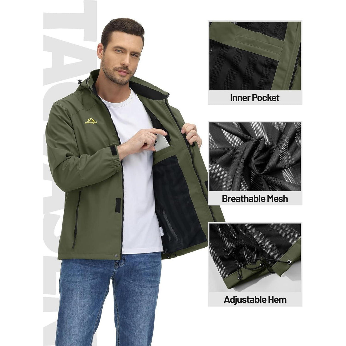 Herren Outdoorjacke Wasserabweisend mit Kapuze – Armeegrün