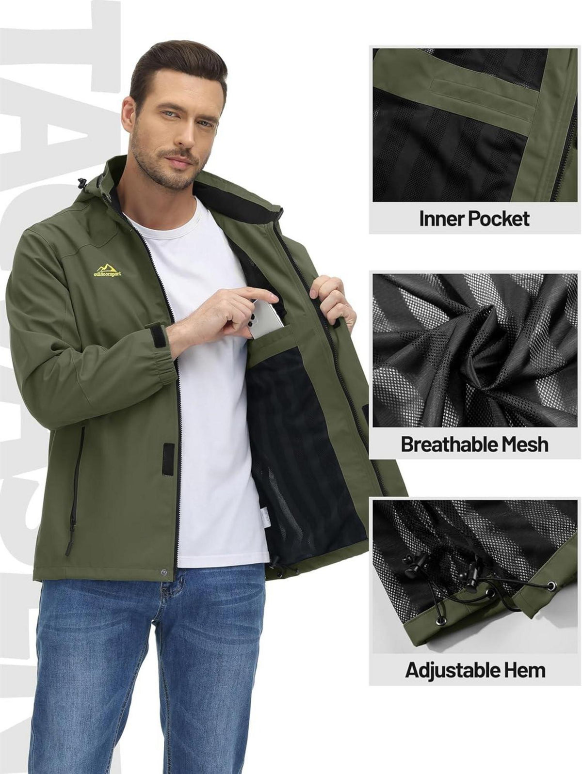 Herren Outdoorjacke Leicht Wasserabweisend Wanderjacke mit Kapuze S Grün