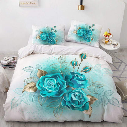 Bettwäsche-Set Rosen Türkis 135x200cm, 4-teilig