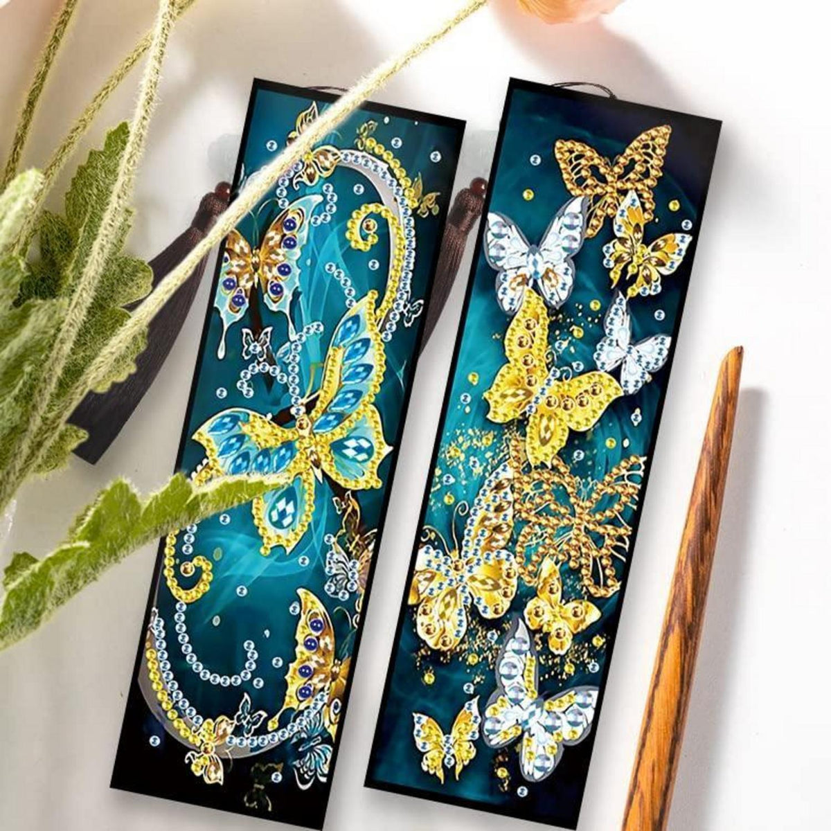 Diamant Painting Lesezeichen Set - Schmetterling Grün & Gold