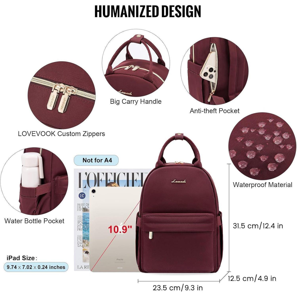 Kleiner Rucksack Damen 2in1 Handtasche Wasserdicht Rot