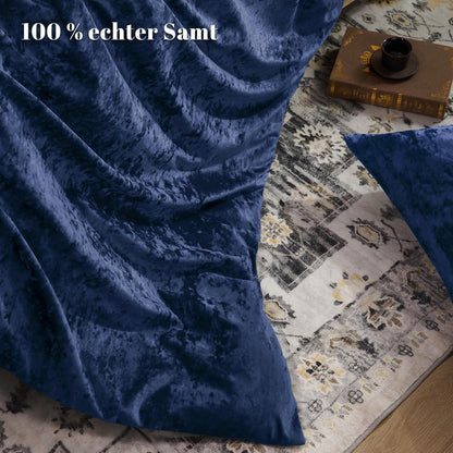 Samt Bettwäsche Set 200x200 Marine Blau mit Kissenbezügen