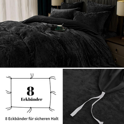 Samt Bettwäsche Set 200x220 Schwarz mit Kissenbezügen