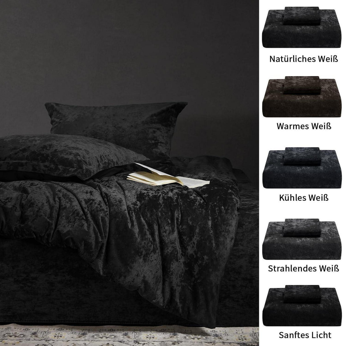 Samt Bettwäsche Set 200x220 Schwarz mit Kissenbezügen