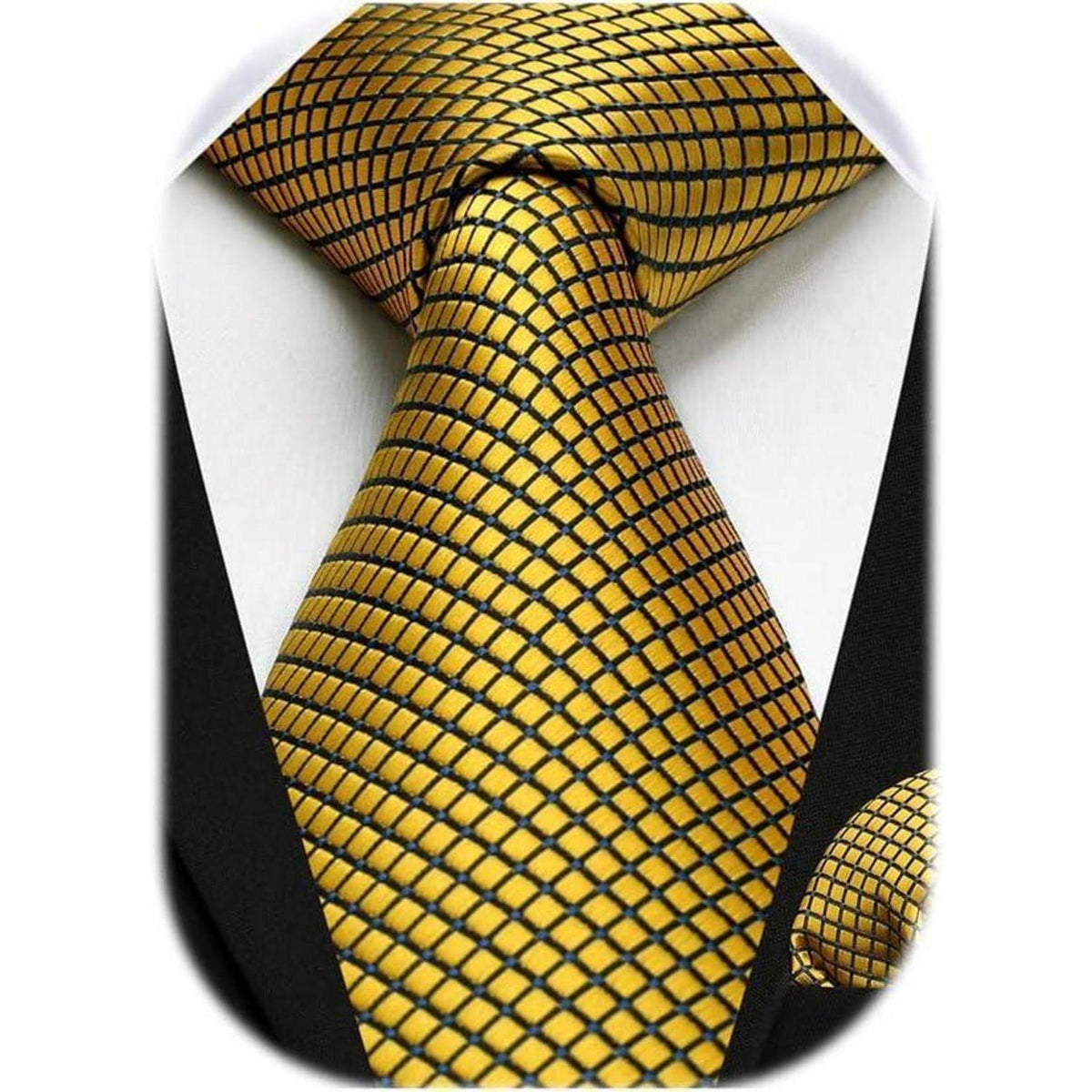 Herren Krawatte & Einstecktuch Set kariert Gold