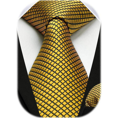 Herren Krawatte & Einstecktuch Set kariert Gold