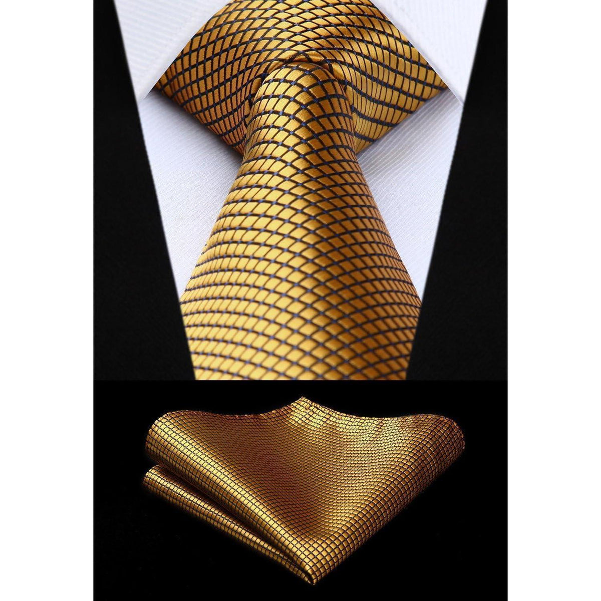 Herren Krawatte & Einstecktuch Set kariert Gold