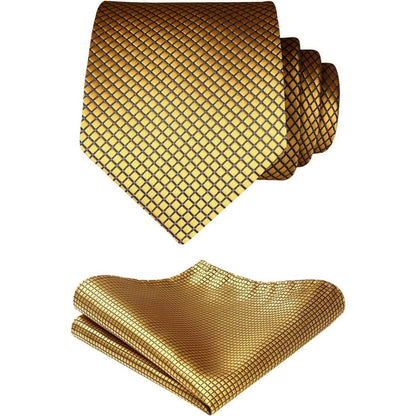 Herren Krawatte & Einstecktuch Set kariert Gold