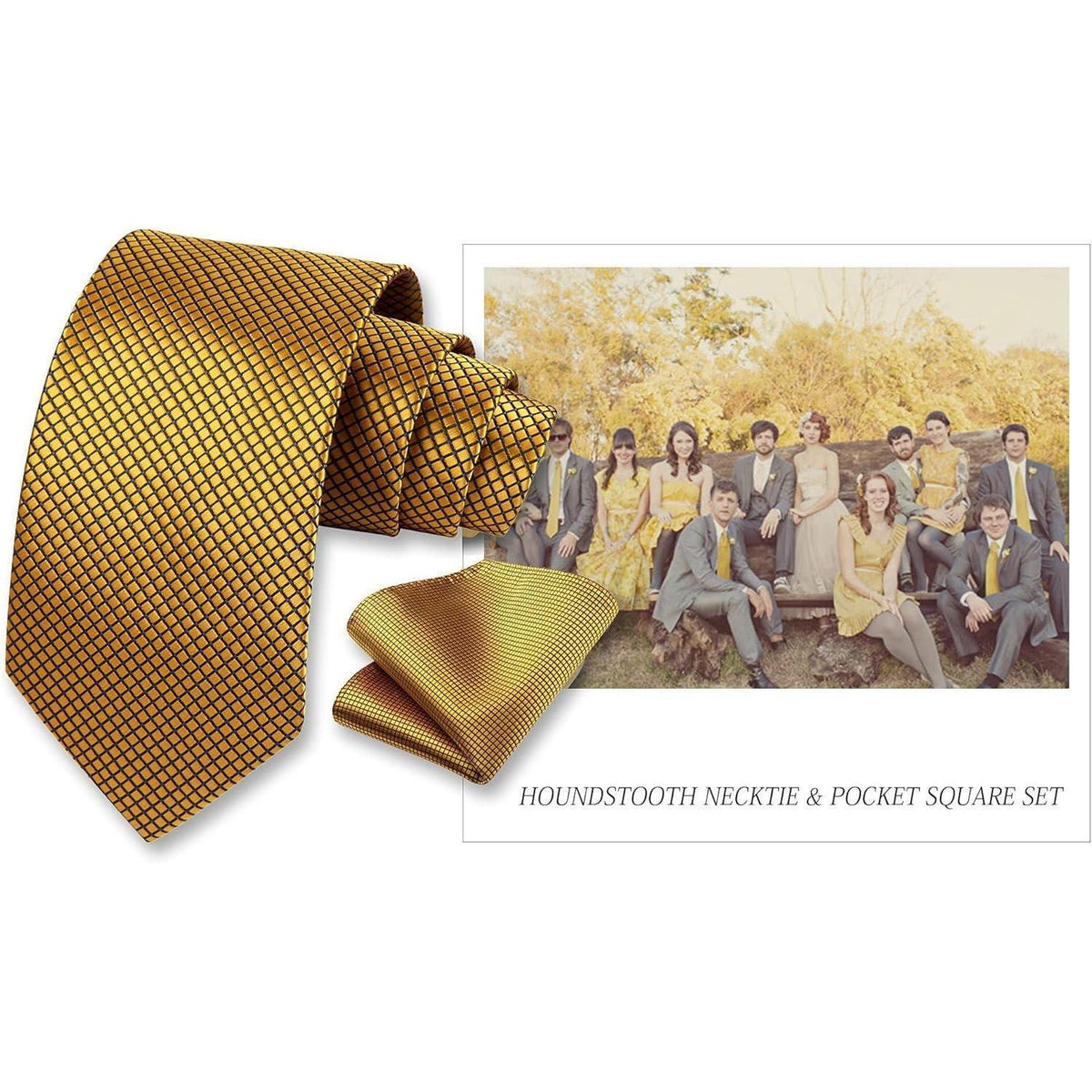 Herren Krawatte & Einstecktuch Set kariert Gold