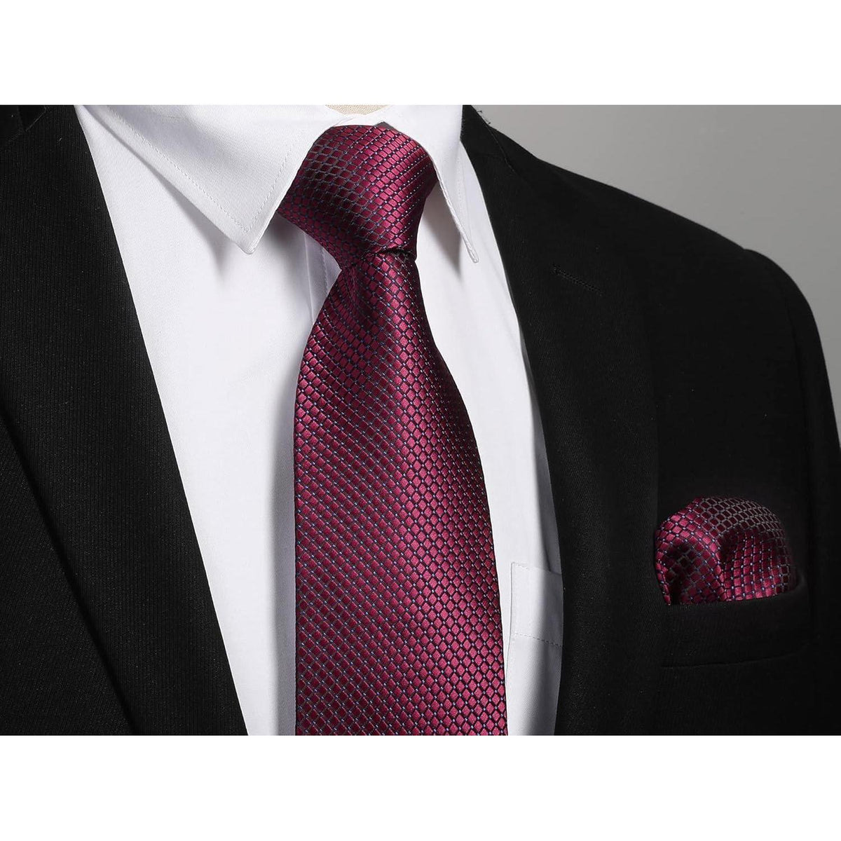 Herren Krawatte & Einstecktuch Set Kariert Burgund