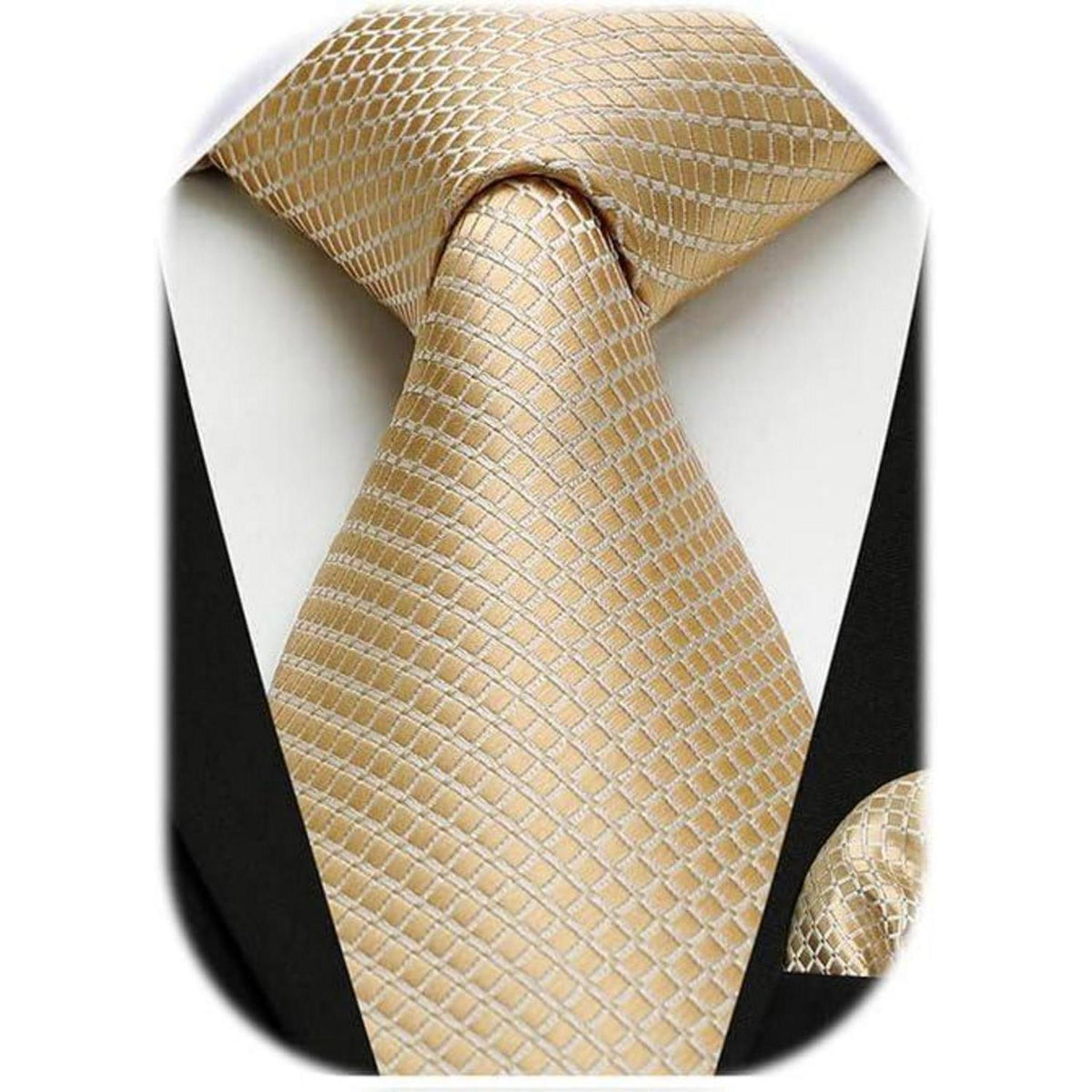 Herren Krawatte & Einstecktuch Set kariert Gold