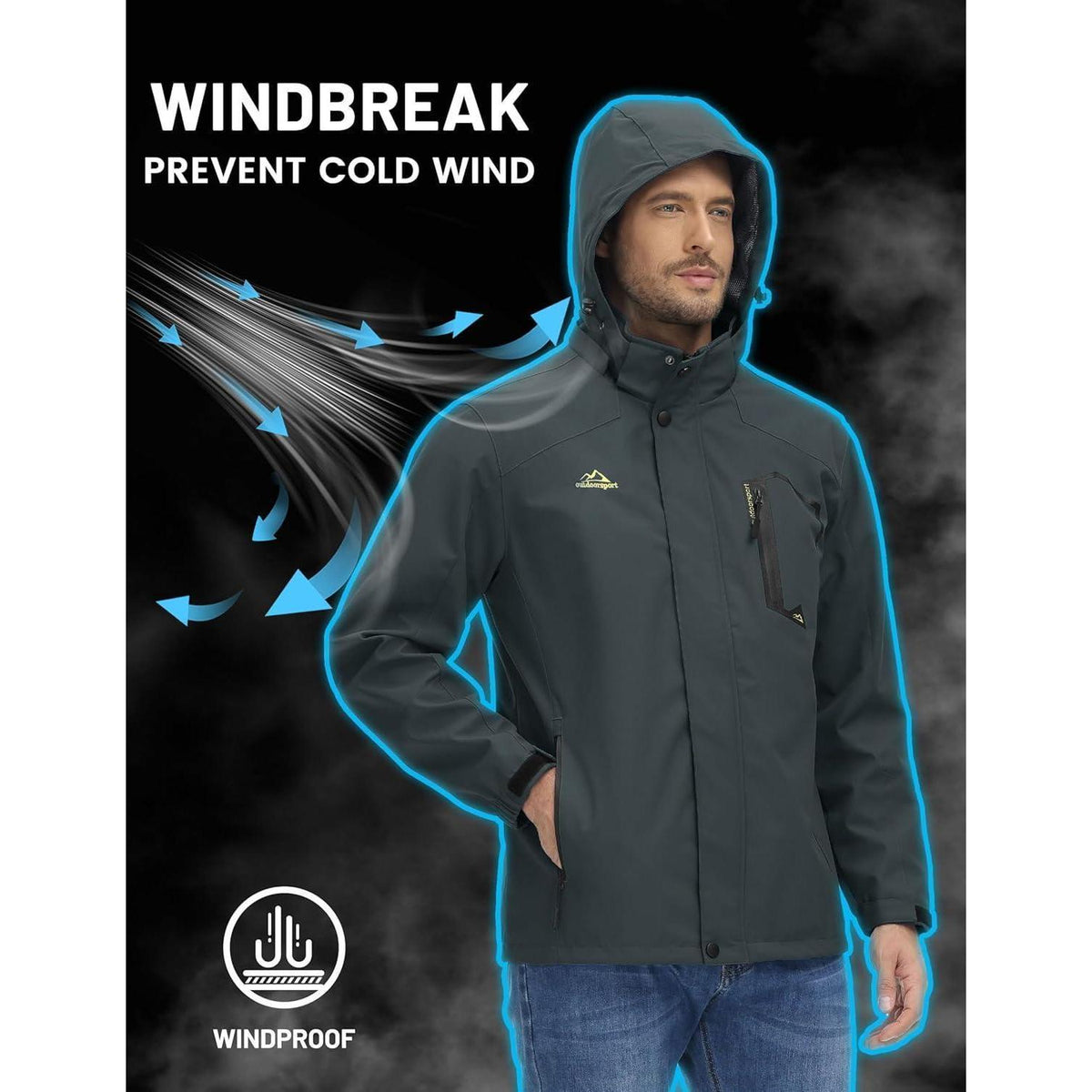Herren Outdoorjacke wasserabweisend mit Kapuze – XL Kohlengrau
