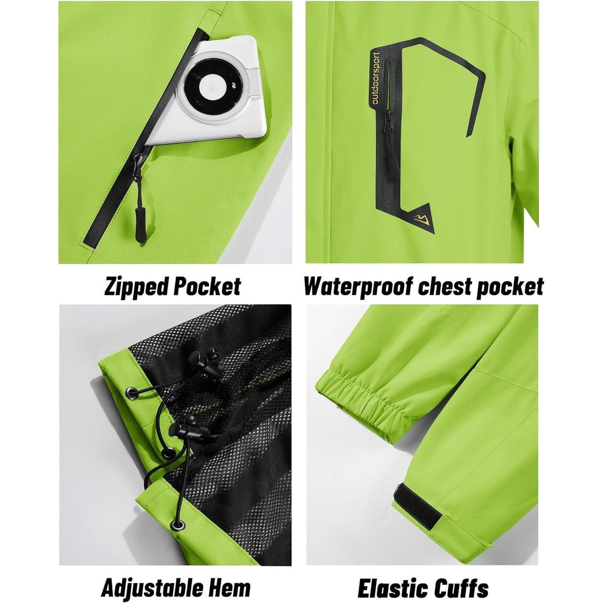 Herren Outdoorjacke Wasserabweisend Neongrün mit Kapuze