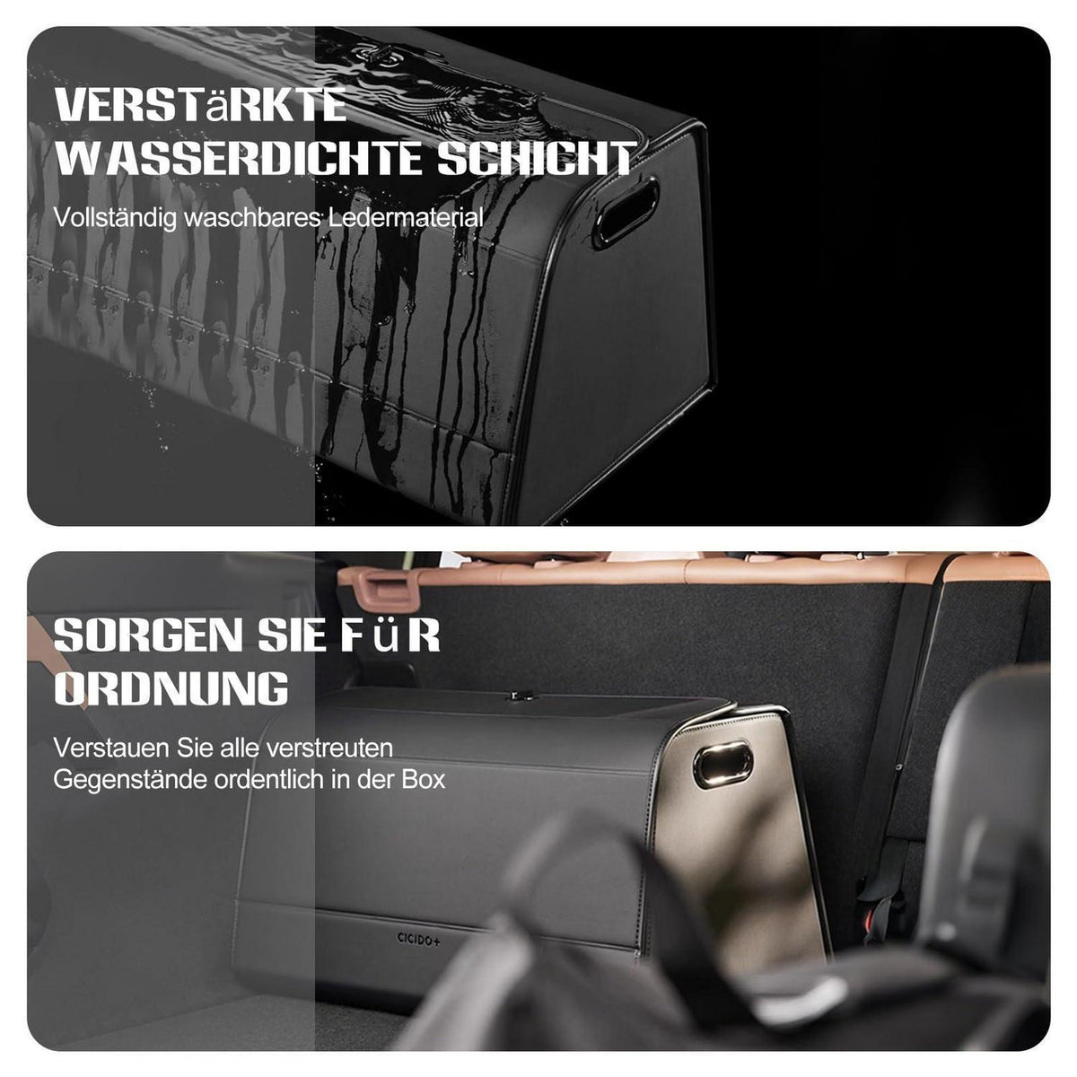 Kofferraum Organizer, Faltbar & 180° Öffnung, Schwarz in Lederoptik
