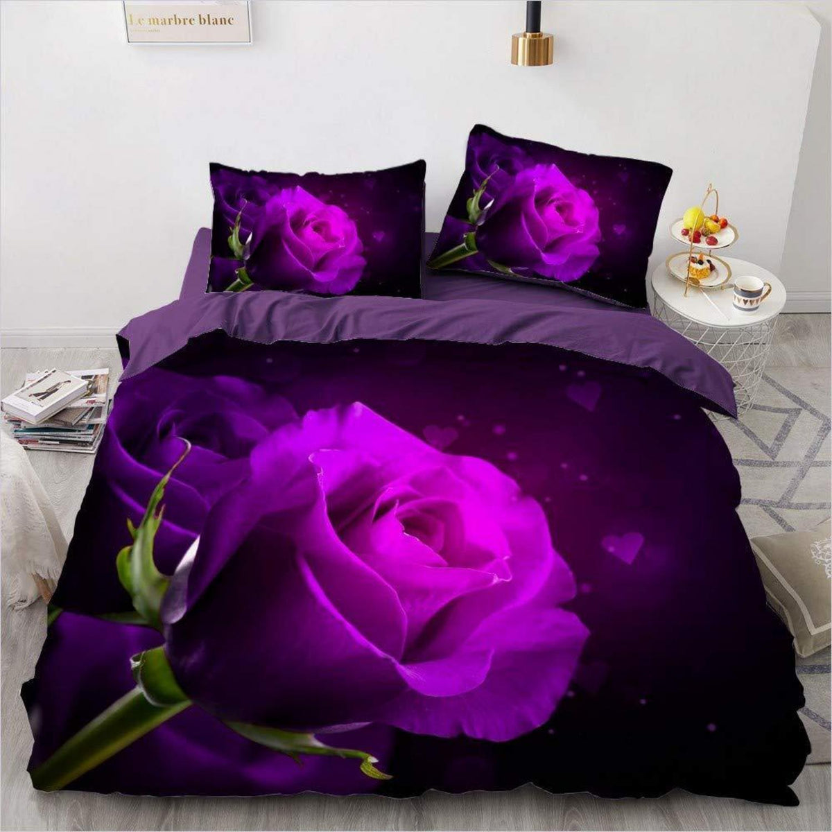 Lila Rosen Bettwäsche Set 135x200cm - Vintage Blumen Design