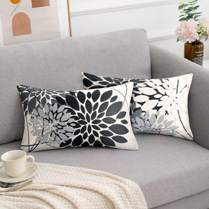 Herbst Kissenbezug 30x50 - Geometrie Dahlie Schwarz Grau 2er Set