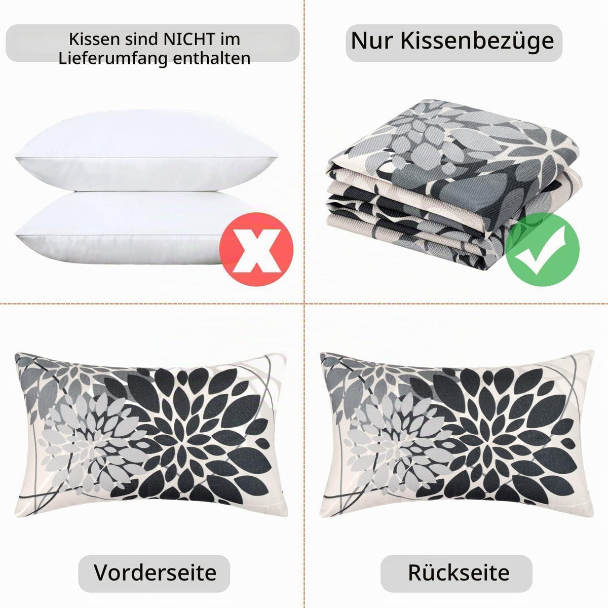 Herbst Kissenbezug 30x50 - Geometrie Dahlie Schwarz Grau 2er Set