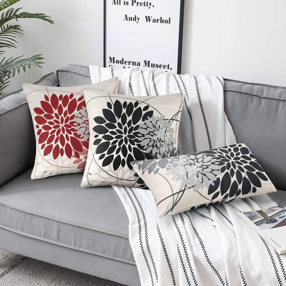 Herbst Kissenbezug 30x50 - Geometrie Dahlie Schwarz Grau 2er Set