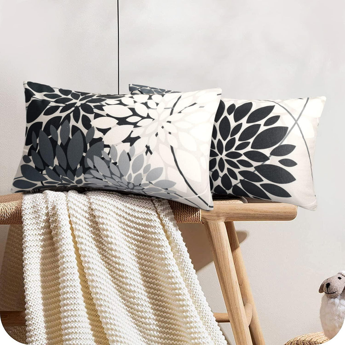 Herbst Kissenbezug 30x50 - Geometrie Dahlie Schwarz Grau 2er Set