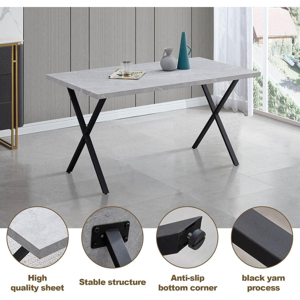 Esstisch Set mit 4 Samtstühlen – Modernes Esszimmer Set (140cm Grau)