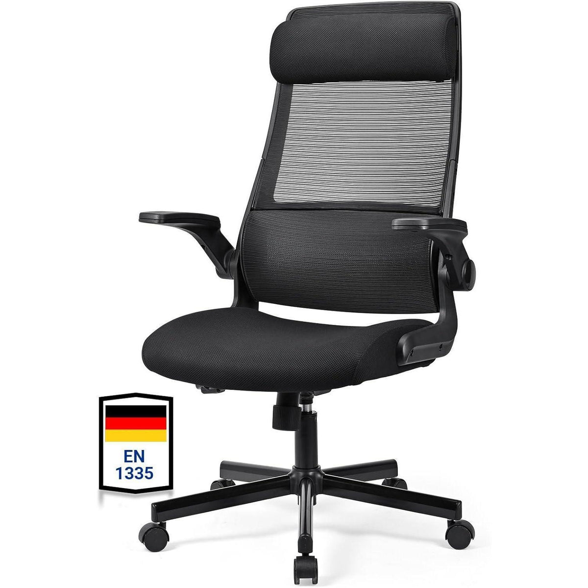 Ergonomischer Bürostuhl mit Netzrücken und verstellbarer Kopfstütze (Schwarz)