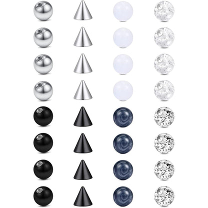 Piercing Ersatzkugeln 32 Stück 16G 3mm Edelstahl & Kunststoff Silber/Schwarz