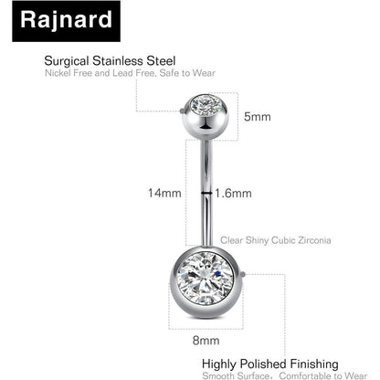 Bauchnabelpiercing Set 4 Stück Edelstahl CZ Perle 14G 14mm
