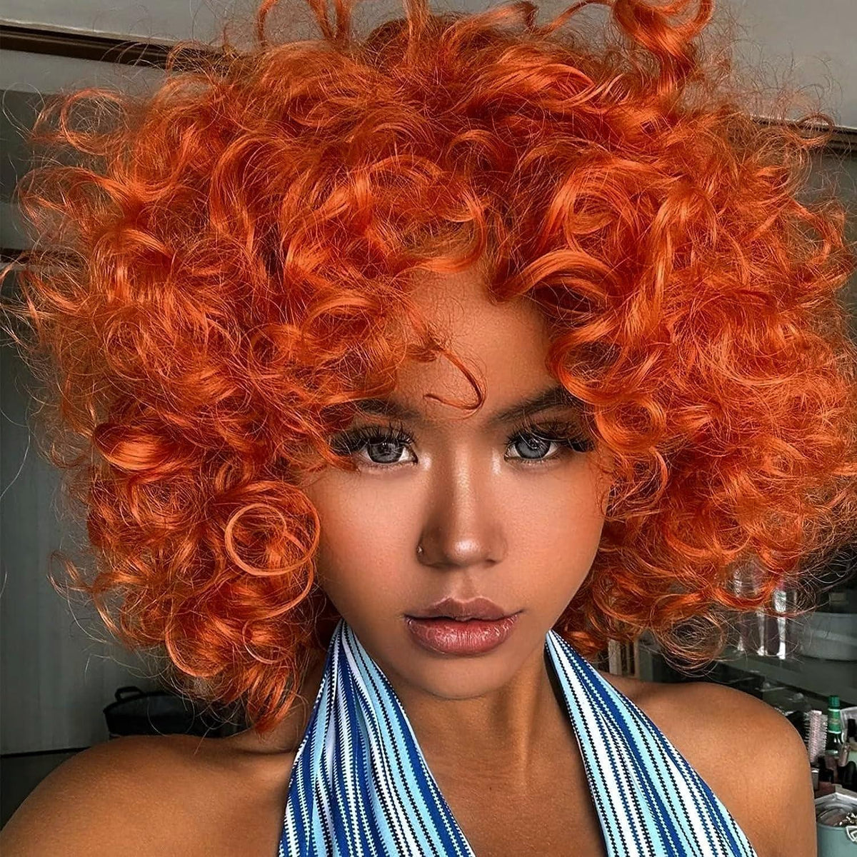 Lockige Afro Perücke Damen mit Pony – Orange Bob Perücke