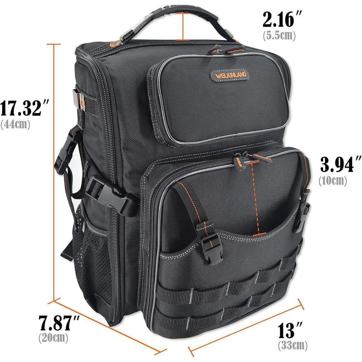 Werkzeugrucksack mit 44 Taschen, vollständig zu öffnen, orangefarbenes Innenfutter
