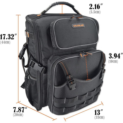 Werkzeugrucksack mit 44 Taschen, vollständig zu öffnen, orangefarbenes Innenfutter
