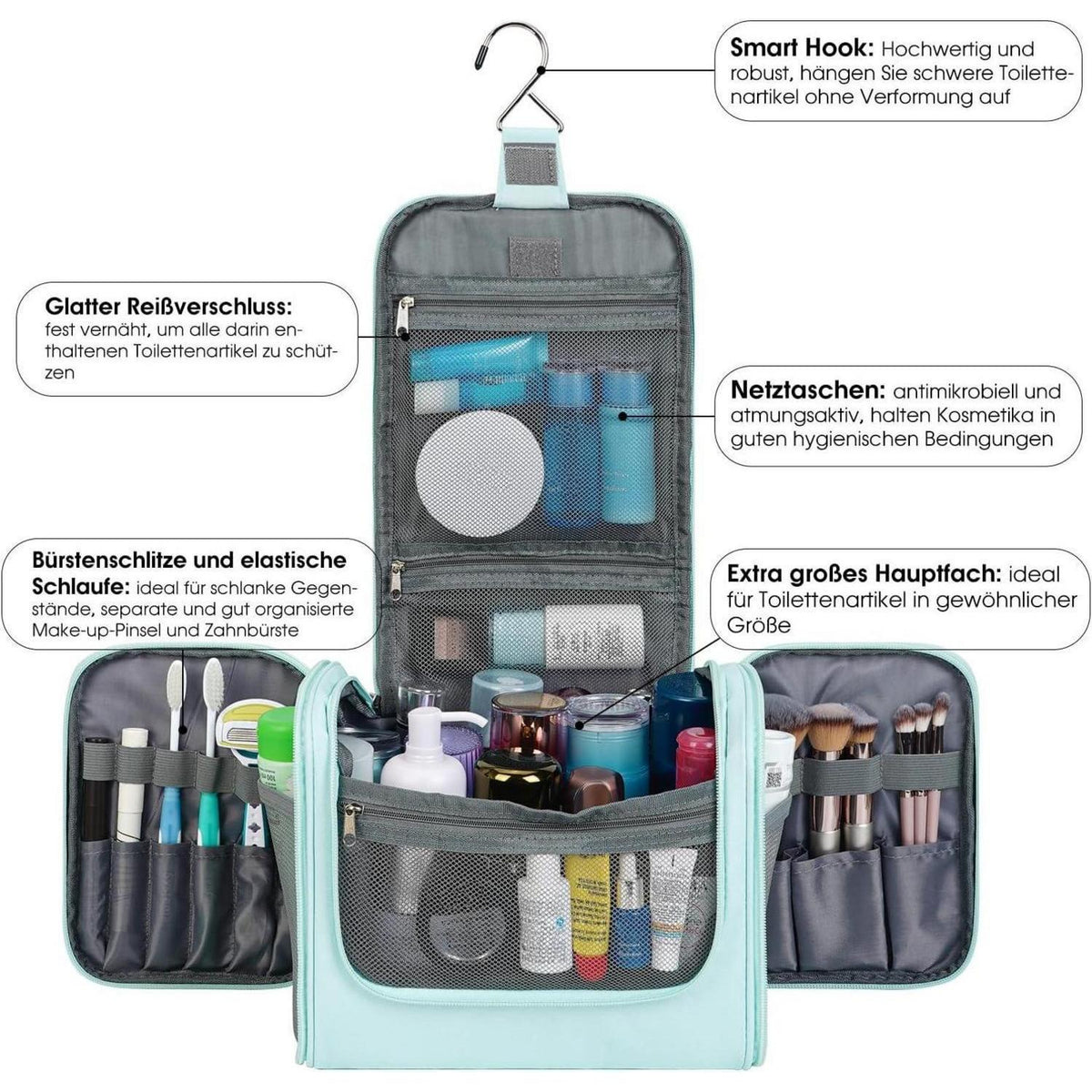 Große Kulturtasche zum Aufhängen, Minzgrün