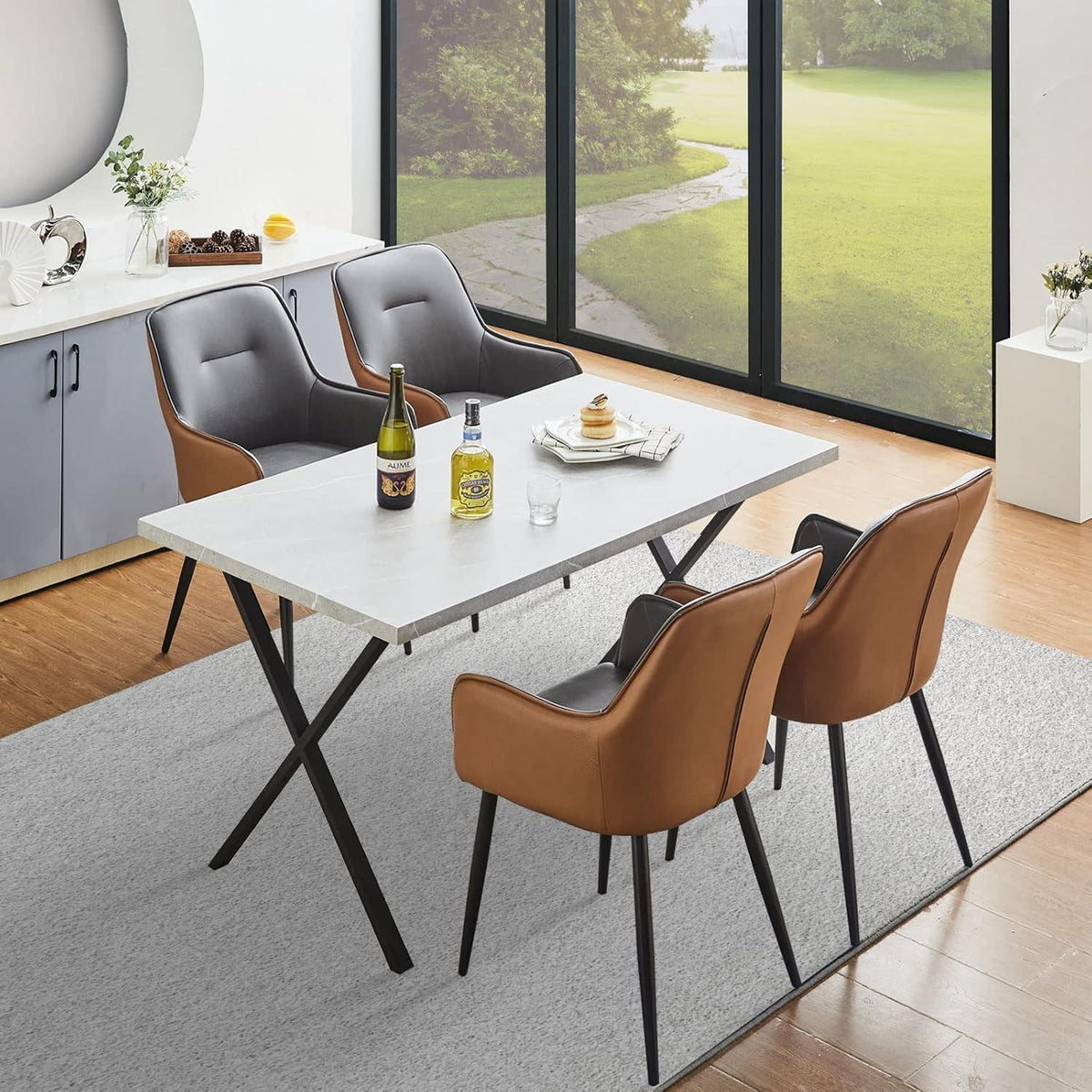 Esszimmerstühle Set 4er mit Armlehne Grau-Braun in Lederoptik