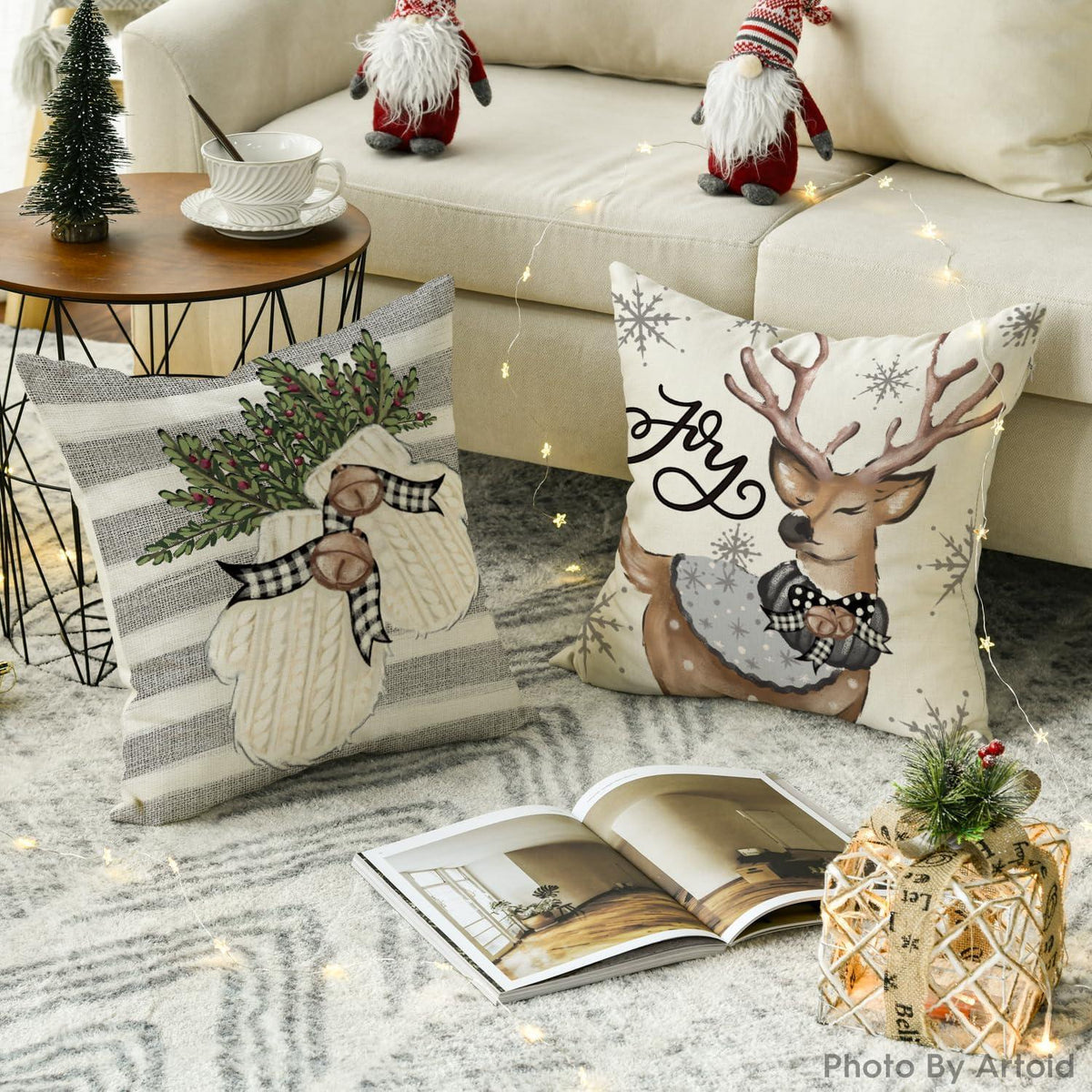 Schneemann Rentier Weihnachten Kissenbezüge 4er Set Winter Deko 45x45 cm Grau
