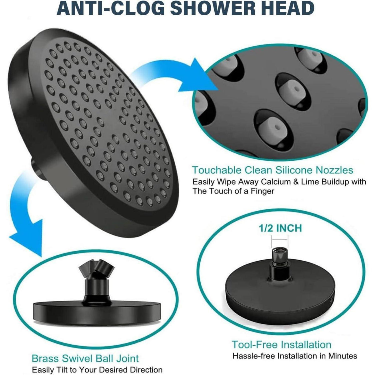 Regendusche 6 Zoll Schwarz, Verstellbar & Anti-Kalk