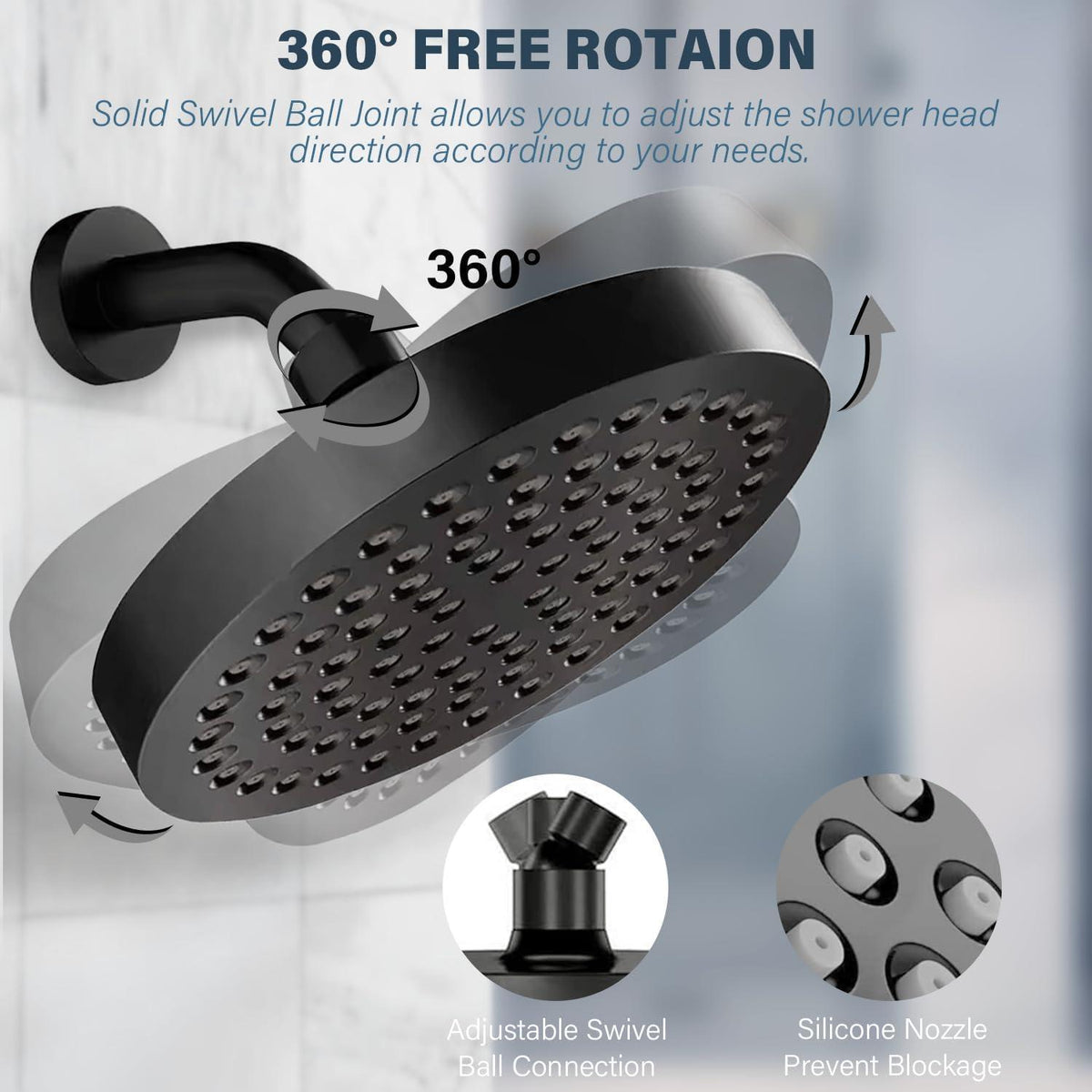 Regendusche 6 Zoll Schwarz, Verstellbar & Anti-Kalk