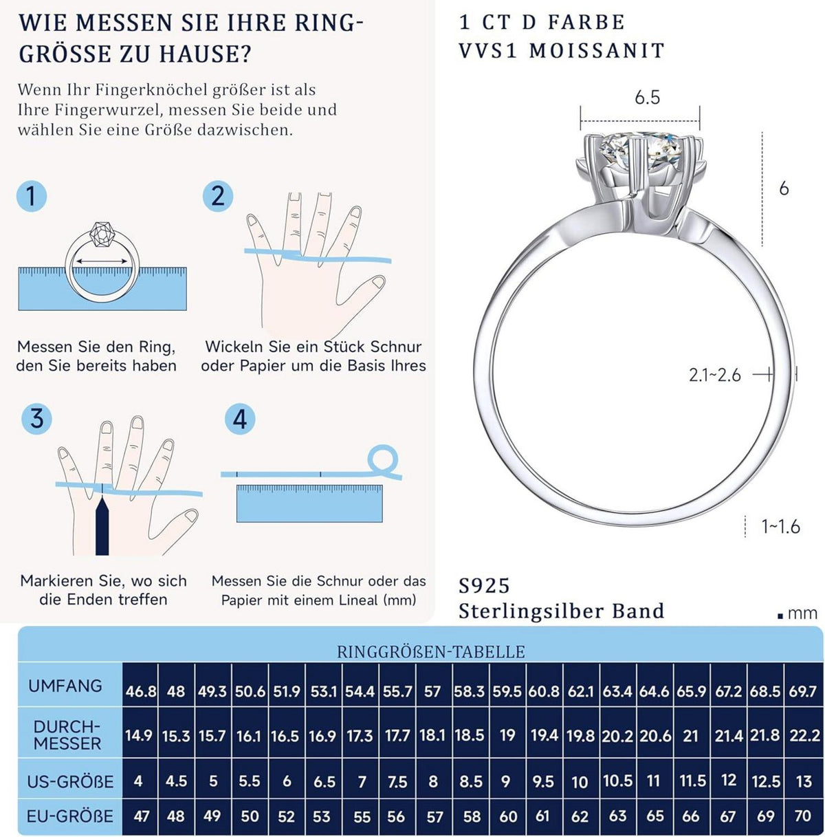 Verlobungsring Damen 1-2 Karat Moissanit Snowflake Silber 925 Solitär