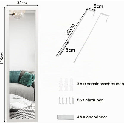 Ganzkörperspiegel Wand & Tür – Modern, 119x33cm mit Haken