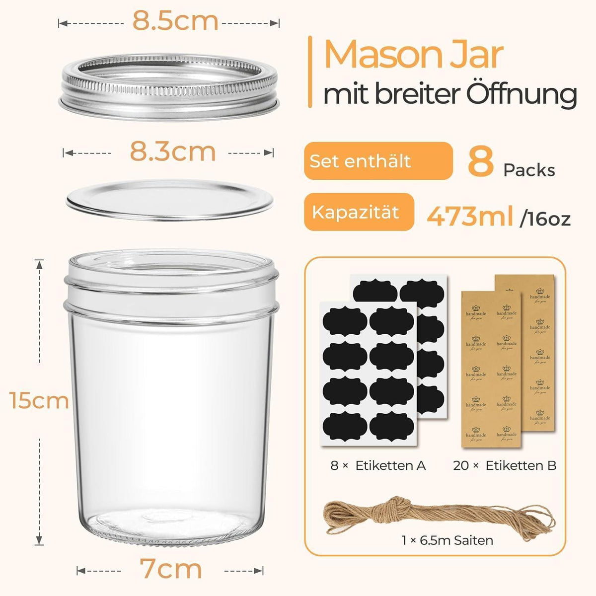 Einmachgläser 470ml mit Schraubdeckel, 8er Set, Klarglas