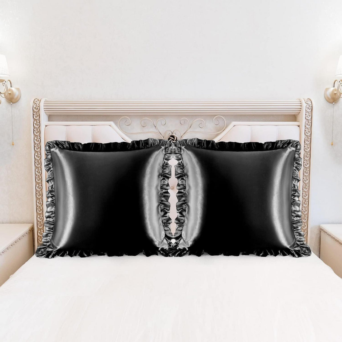 Satin Kissenbezug 2er Set mit Rüschen 80x80cm Schwarz