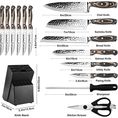 15-teiliges Küchenmesser-Set mit Messerblock, Edelstahl & Holzgriff