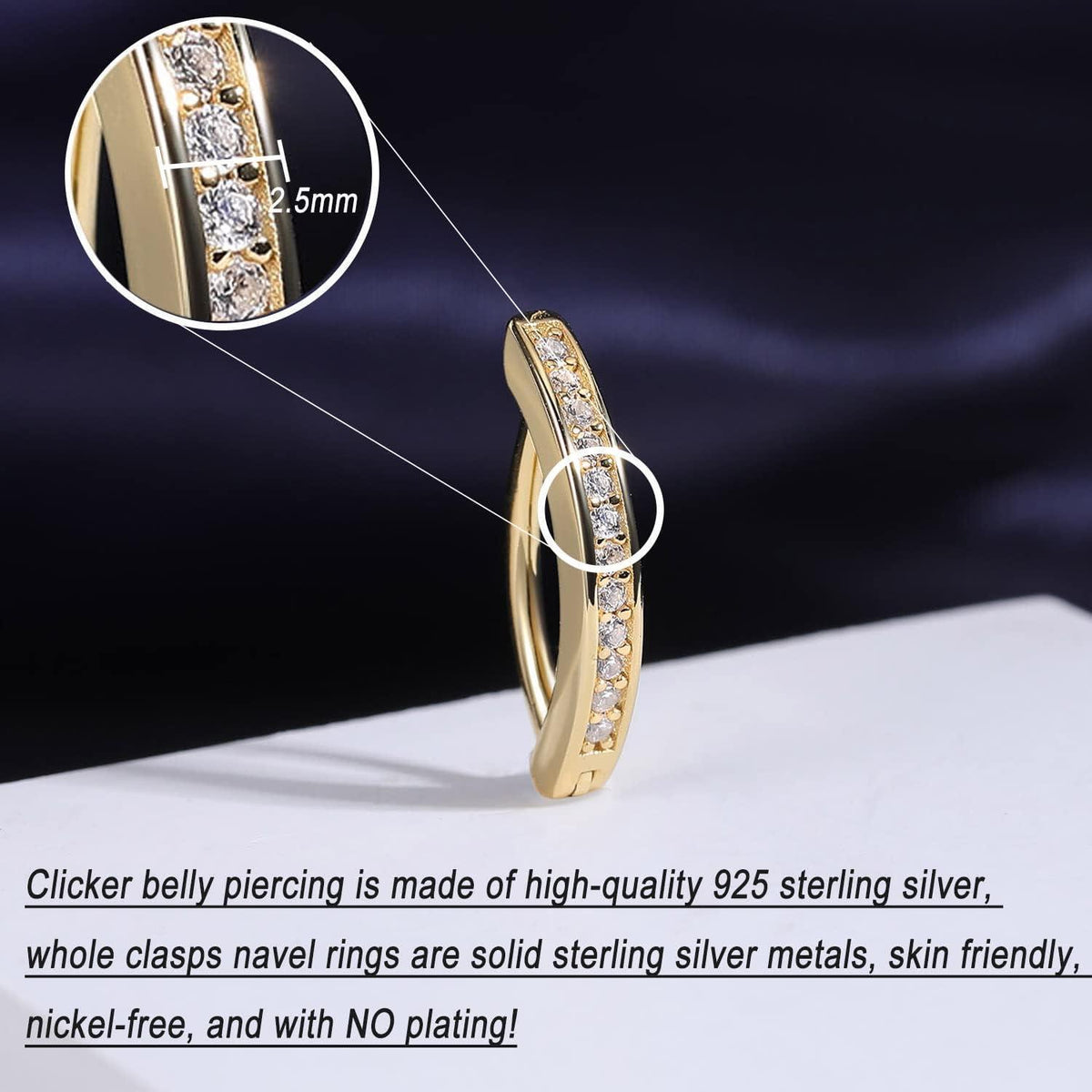 Bauchnabelpiercing 14G Silber 925 Clicker mit Diamanten, 10mm/12mm