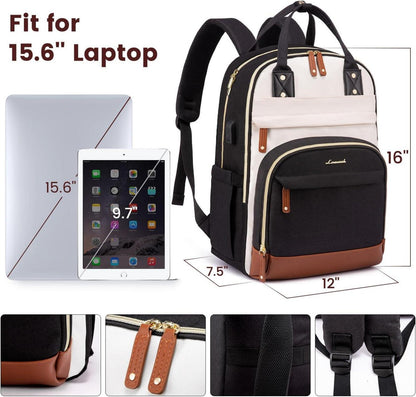 Schulrucksack Damen Wasserdicht Laptopfach 15.6 Zoll Schwarz Beige