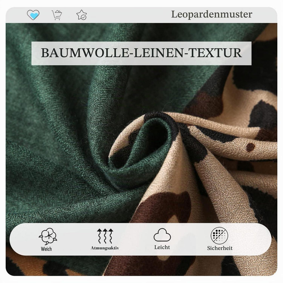 Leopardenmuster Schal Damen Baumwolle Leinen Mit Fransen Grün