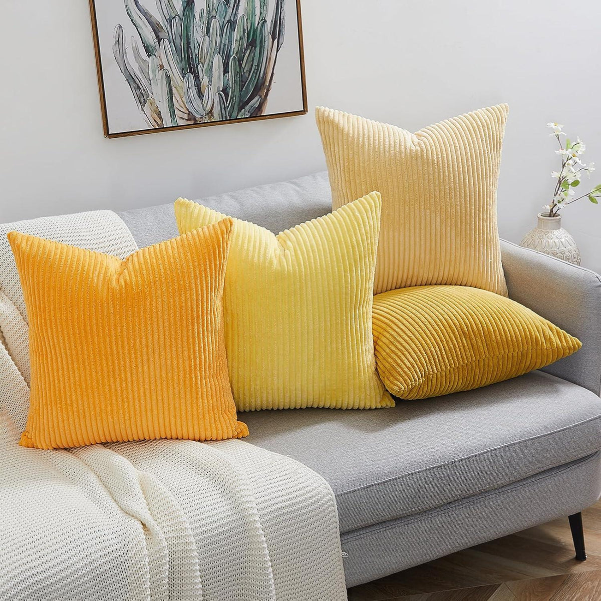 Kissenbezug 50x50 cm gelb Kordsamt 4er Set flauschig Sofakissen Wohnzimmer