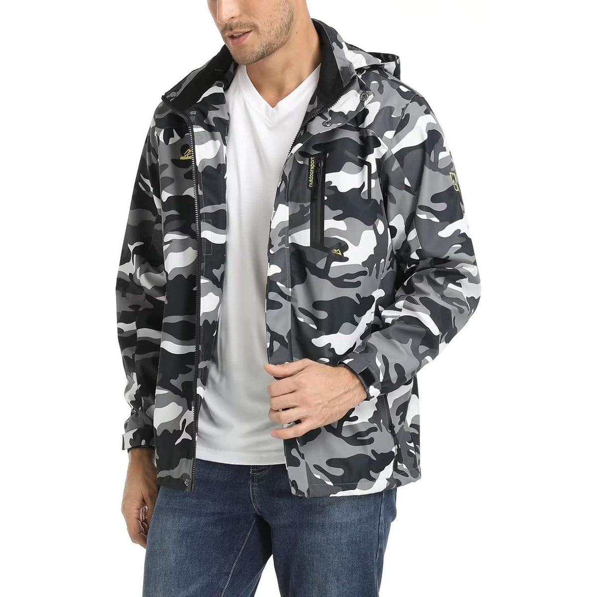 Herren Outdoorjacke wasserabweisend mit Kapuze – Schwarz Camo