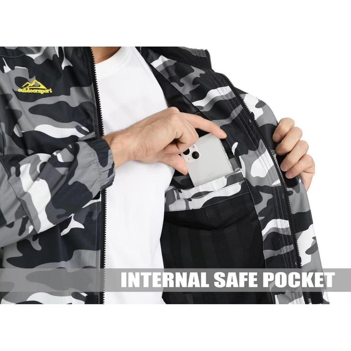 Herren Outdoorjacke wasserabweisend mit Kapuze – Schwarz Camo
