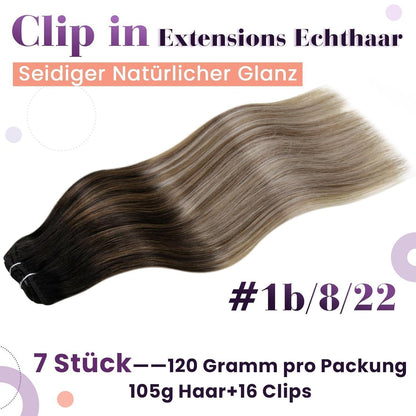 Echthaar Clip-In Extensions Ombre Schwarz-Hellbraun-Blond