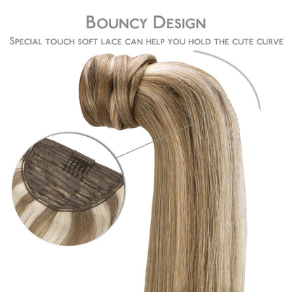 Echthaar Pferdeschwanz Extension Aschblond Highlights